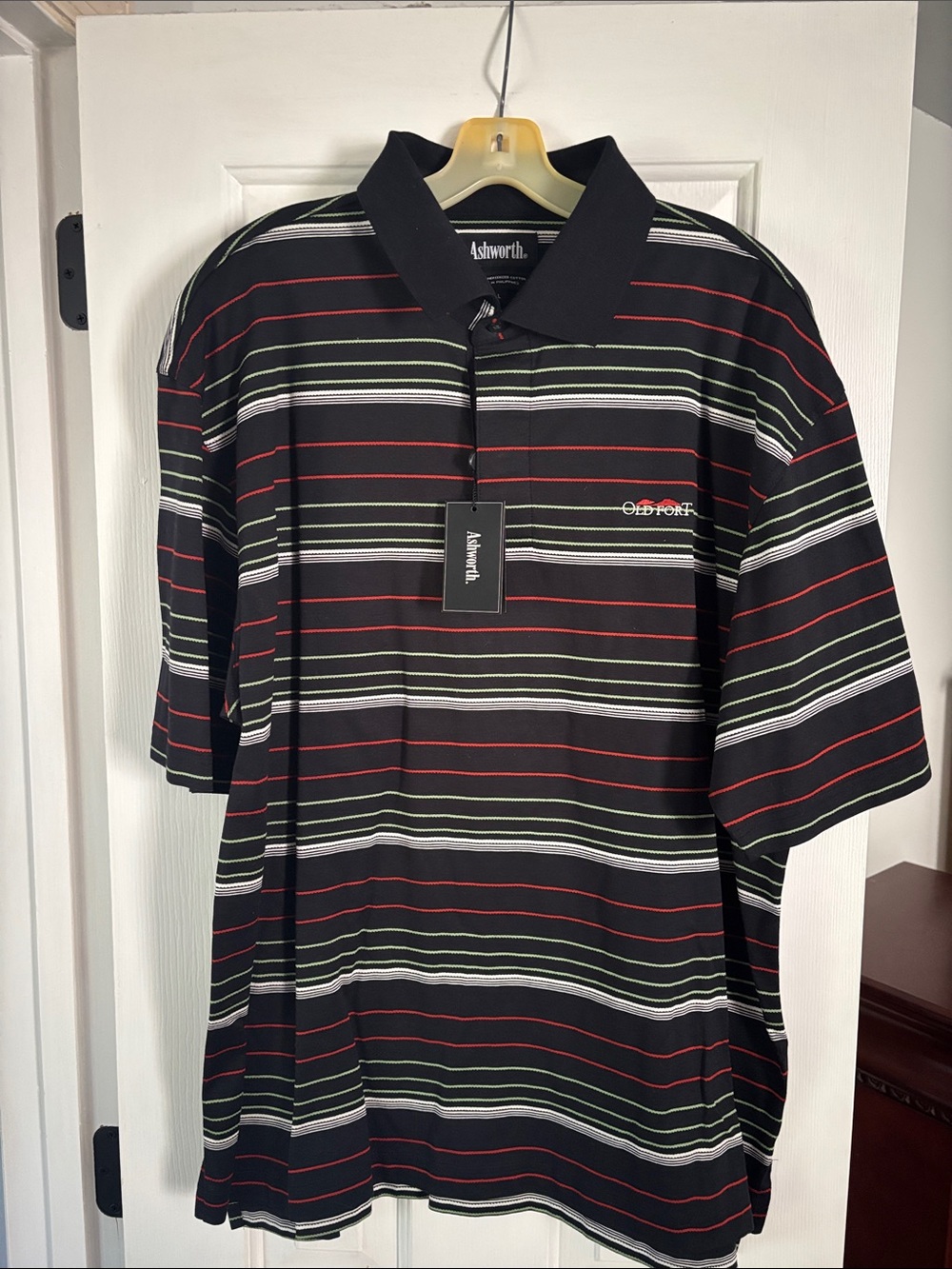 Ashworth Black Polo with Red & Green Stripes